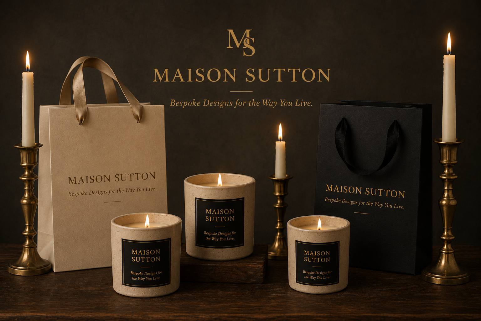 Maison Sutton candles, shopping bags, and brand presentation