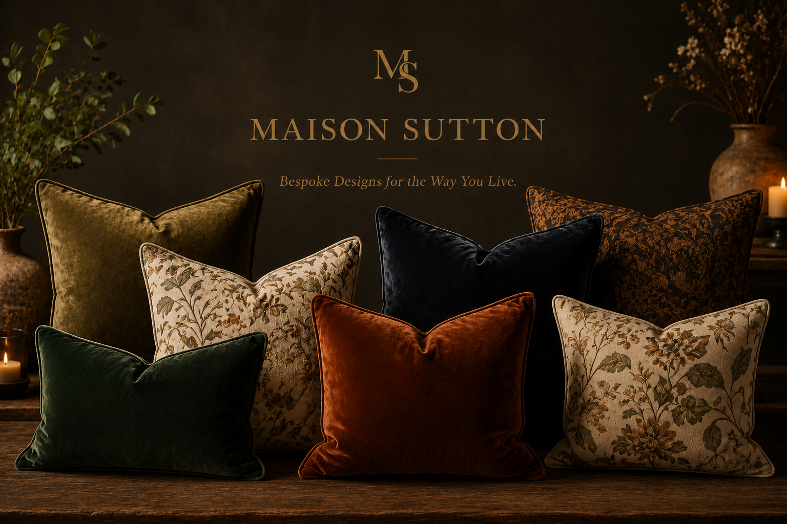 Maison Sutton pillows in rich green, ivory, navy, rust, and patterned textiles
