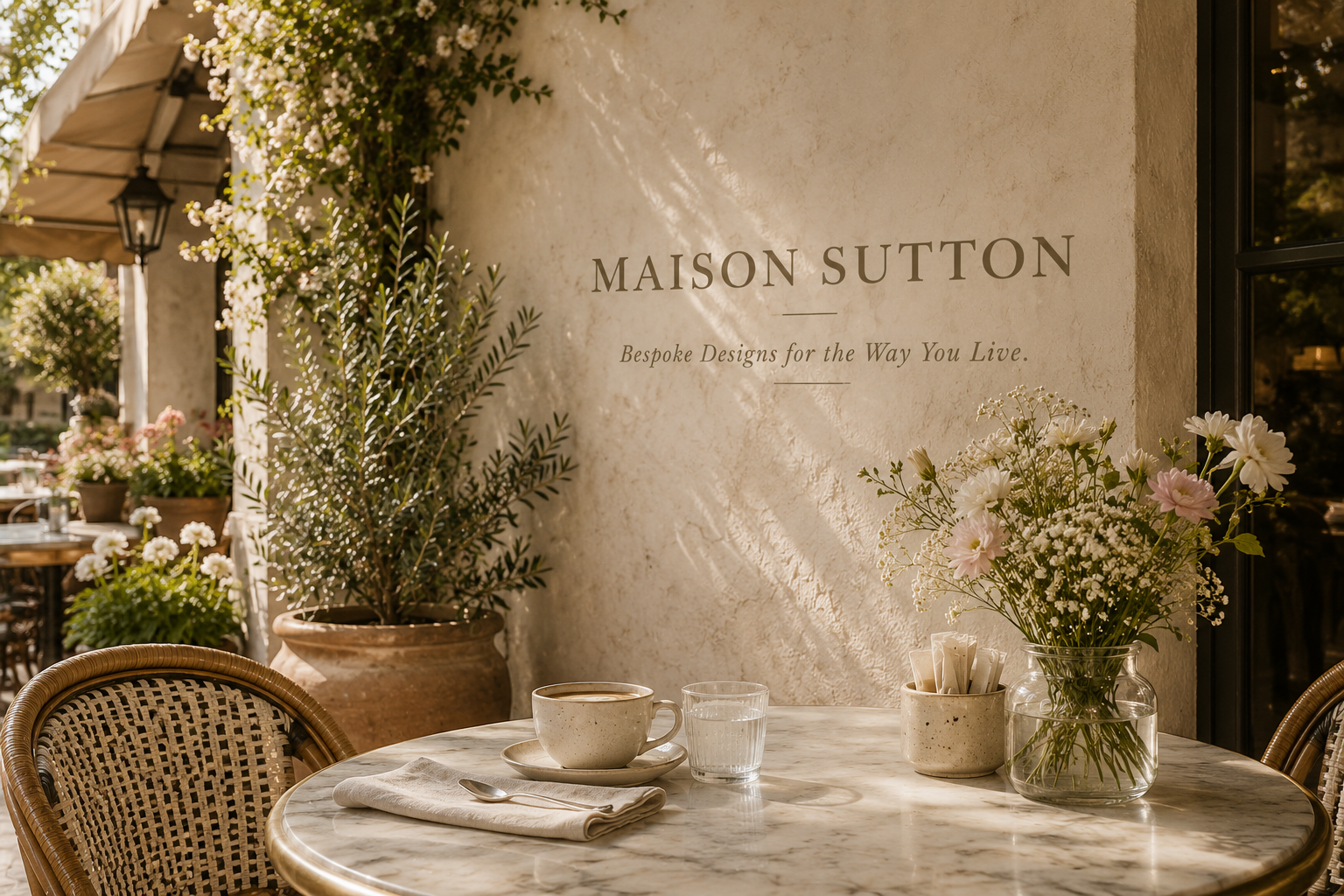 Maison Sutton cafe terrace scene with florals and marble table