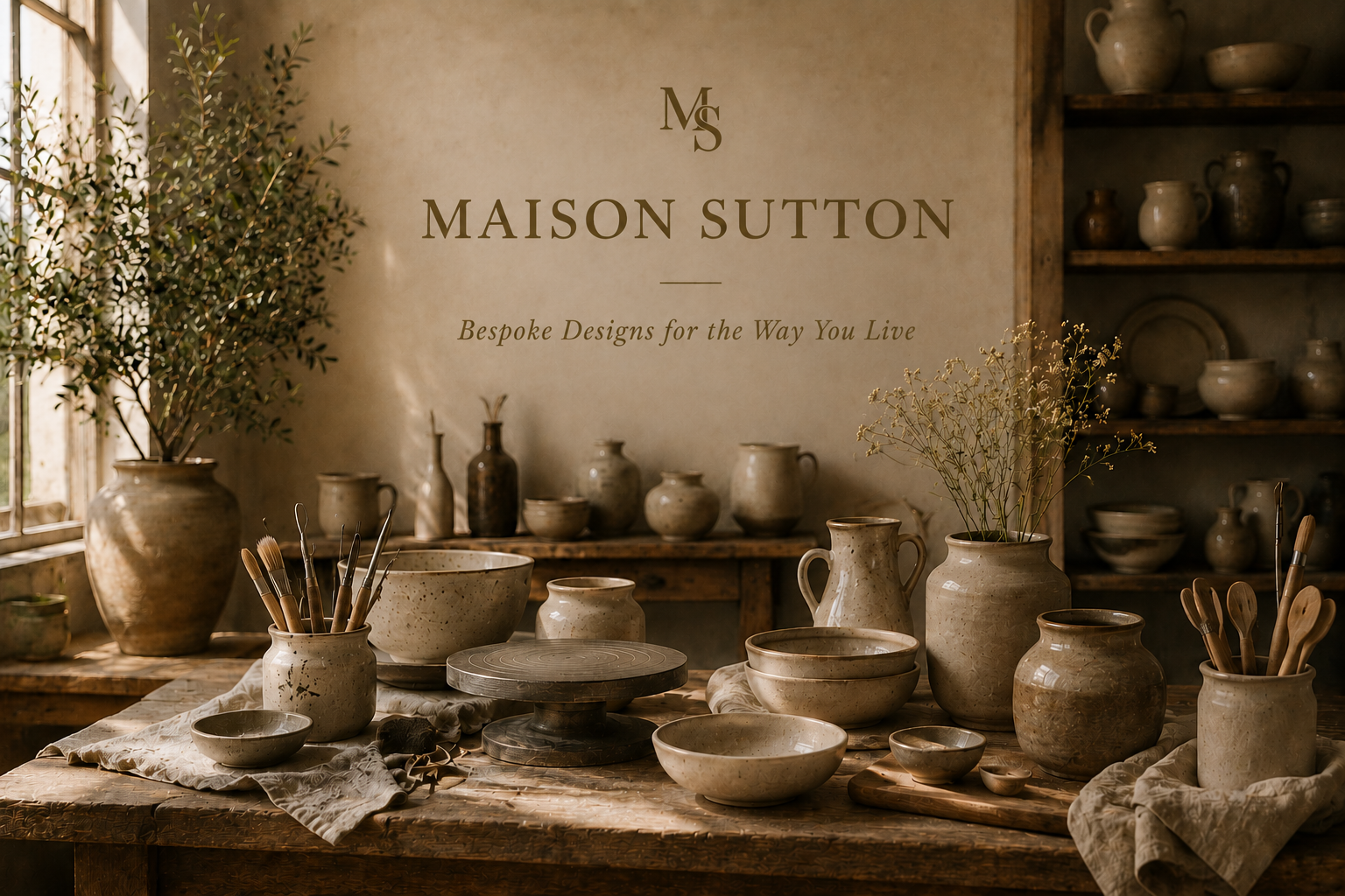 Maison Sutton pottery studio with handmade ceramics and artisan tools