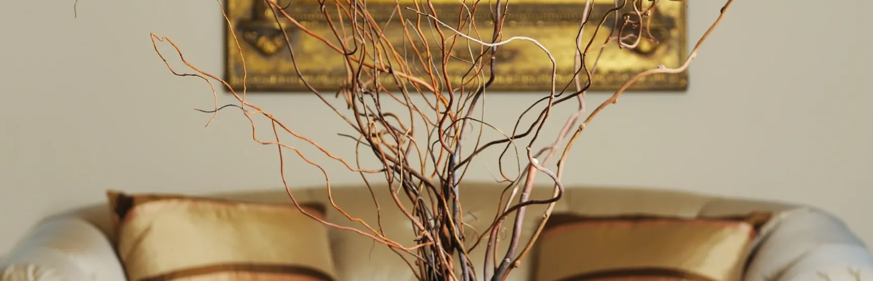 Decorative branches arranged in front of a sofa with gold pillows